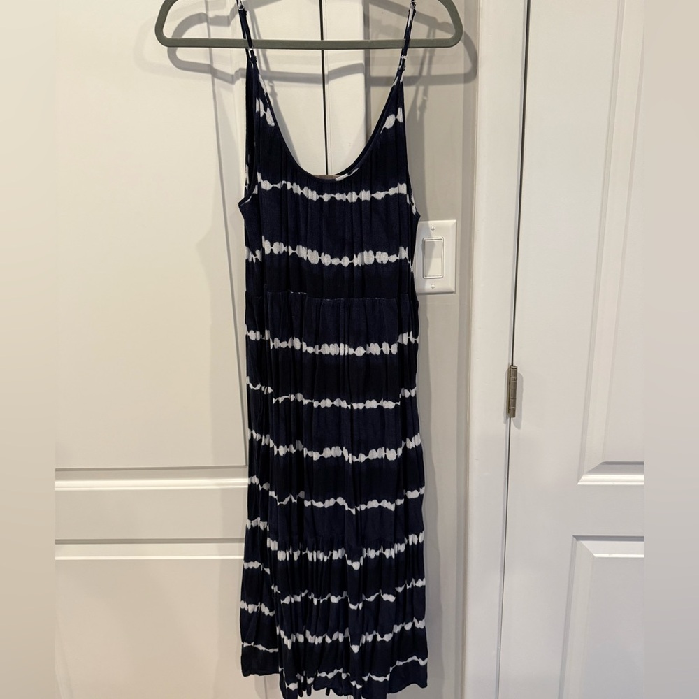 LOFT Navy and White Tie-Dye Spaghetti Strap Midi Dress